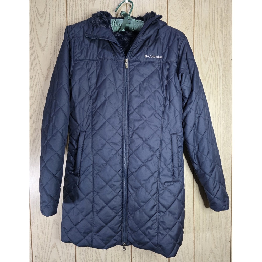 Columbia Women Copper Crest Hooded Jacket Navy Blue Quilted Fleece WK9669 S NWOT